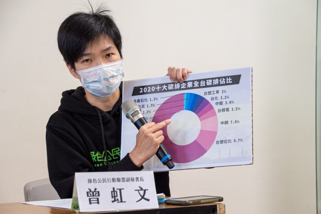 綠色公民行動聯盟副秘書長曾虹文說明十大碳排2020年佔比